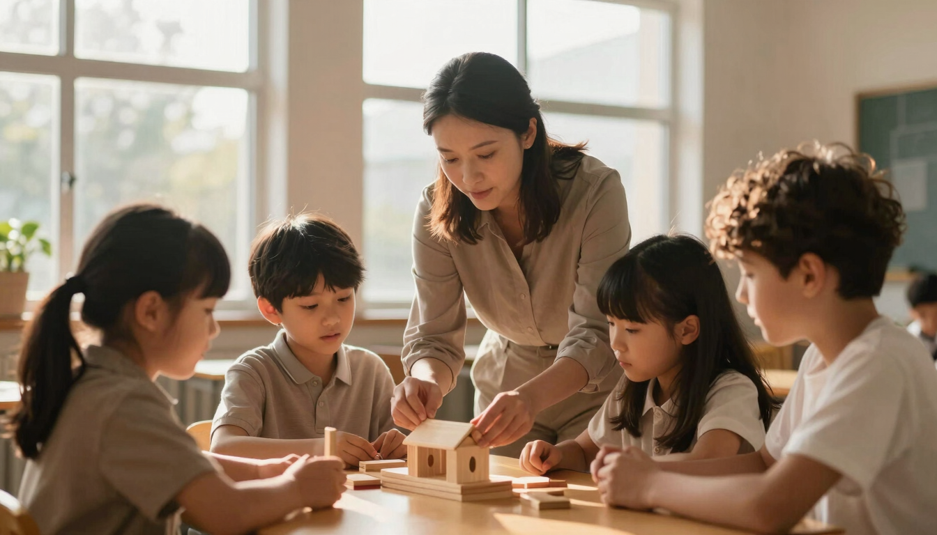 Candid medium shot of an elementary school teacher collaborating with young students over a wooden building project, soft golden hour sunlight filtering through tall windows.