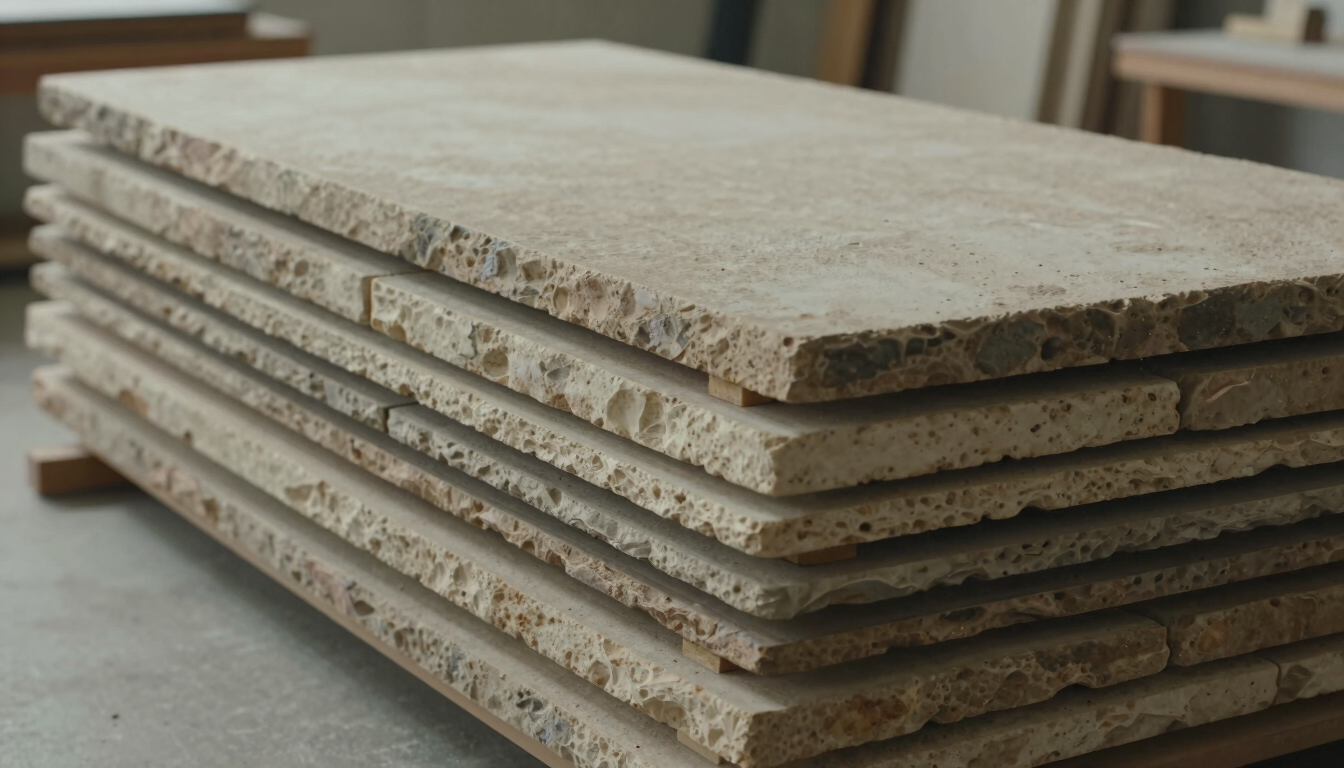 Wide cinematic shot of natural warm stone slabs stacked in an architectural atelier, diffused cool light, minimal composition
