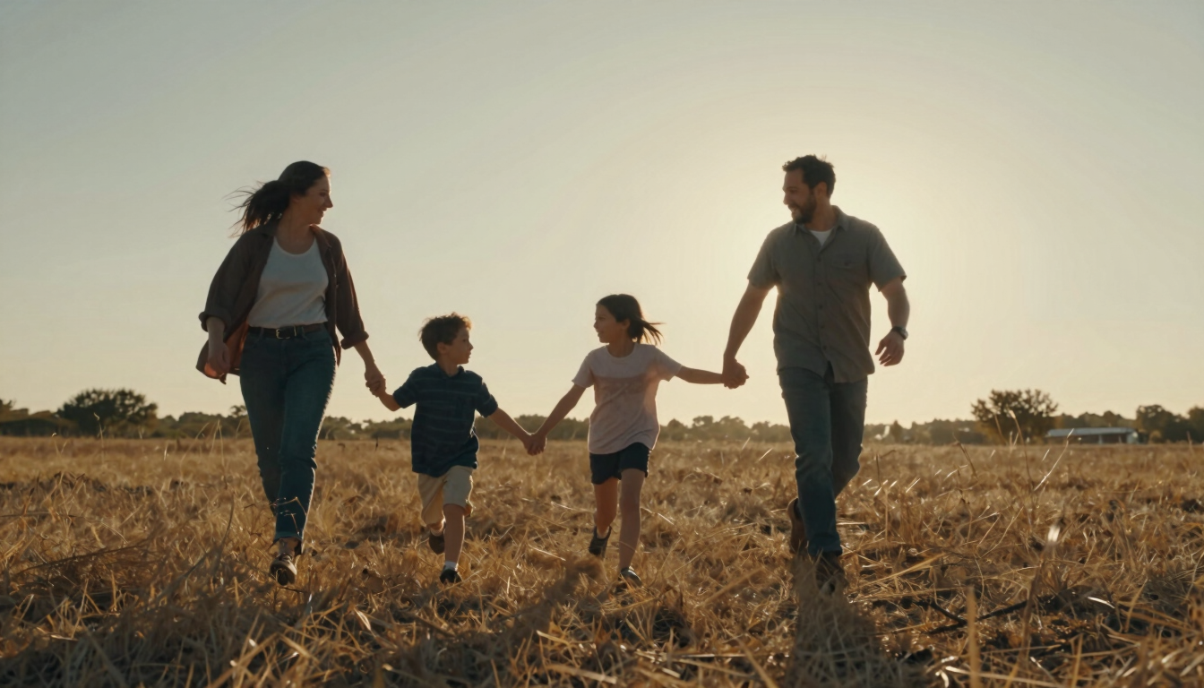 Wide cinematic shot of a family running hand-in-hand through a dry grassy field, warm low-angle sunset light casting long shadows, candid interaction, authentic movement.