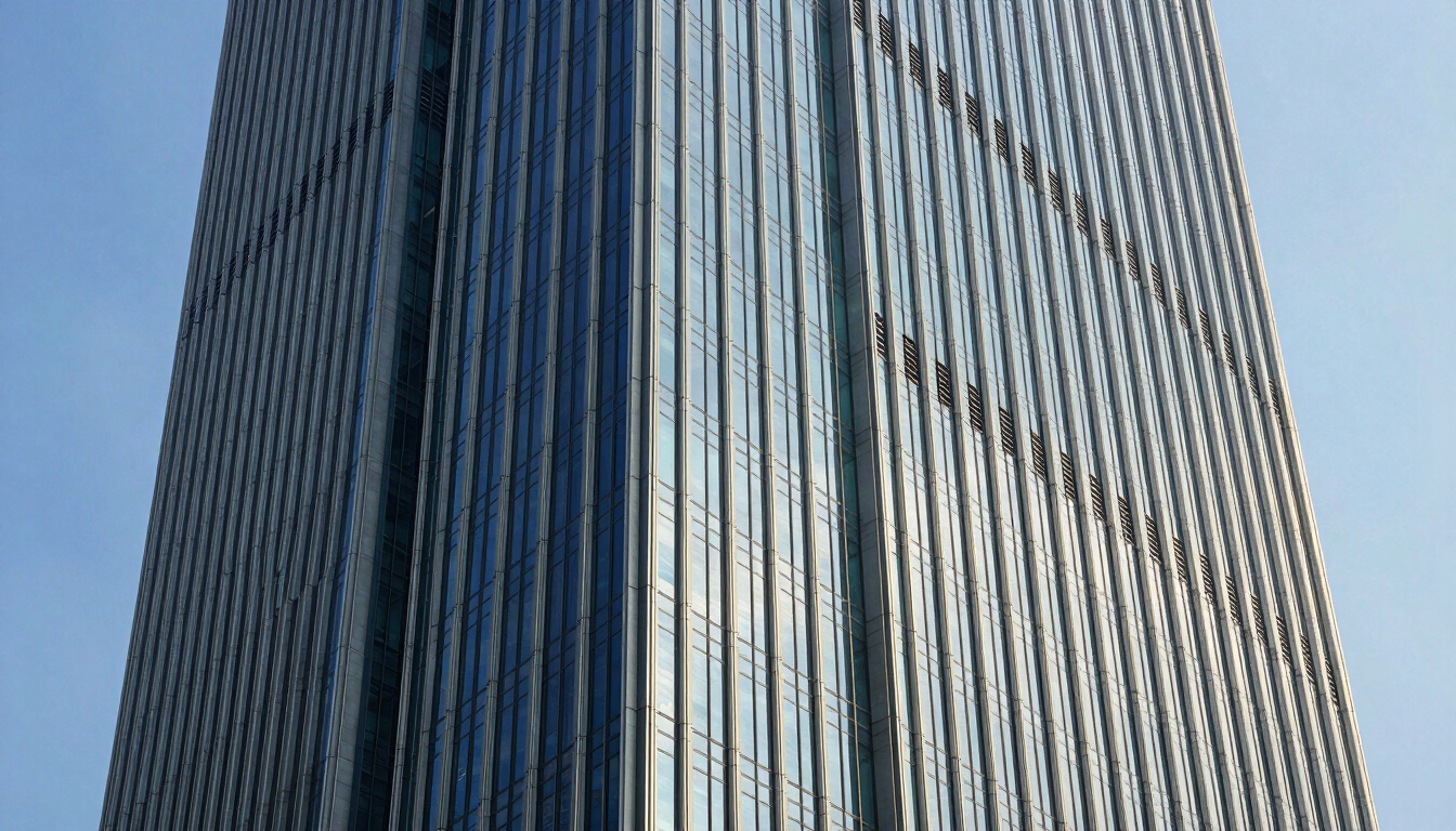 A striking modern skyscraper facade in Jakarta, sharp architectural angles of glass and steel reflecting the blue sky and golden sunlight, clean corporate aesthetic, crisp corporate photography, 35mm lens