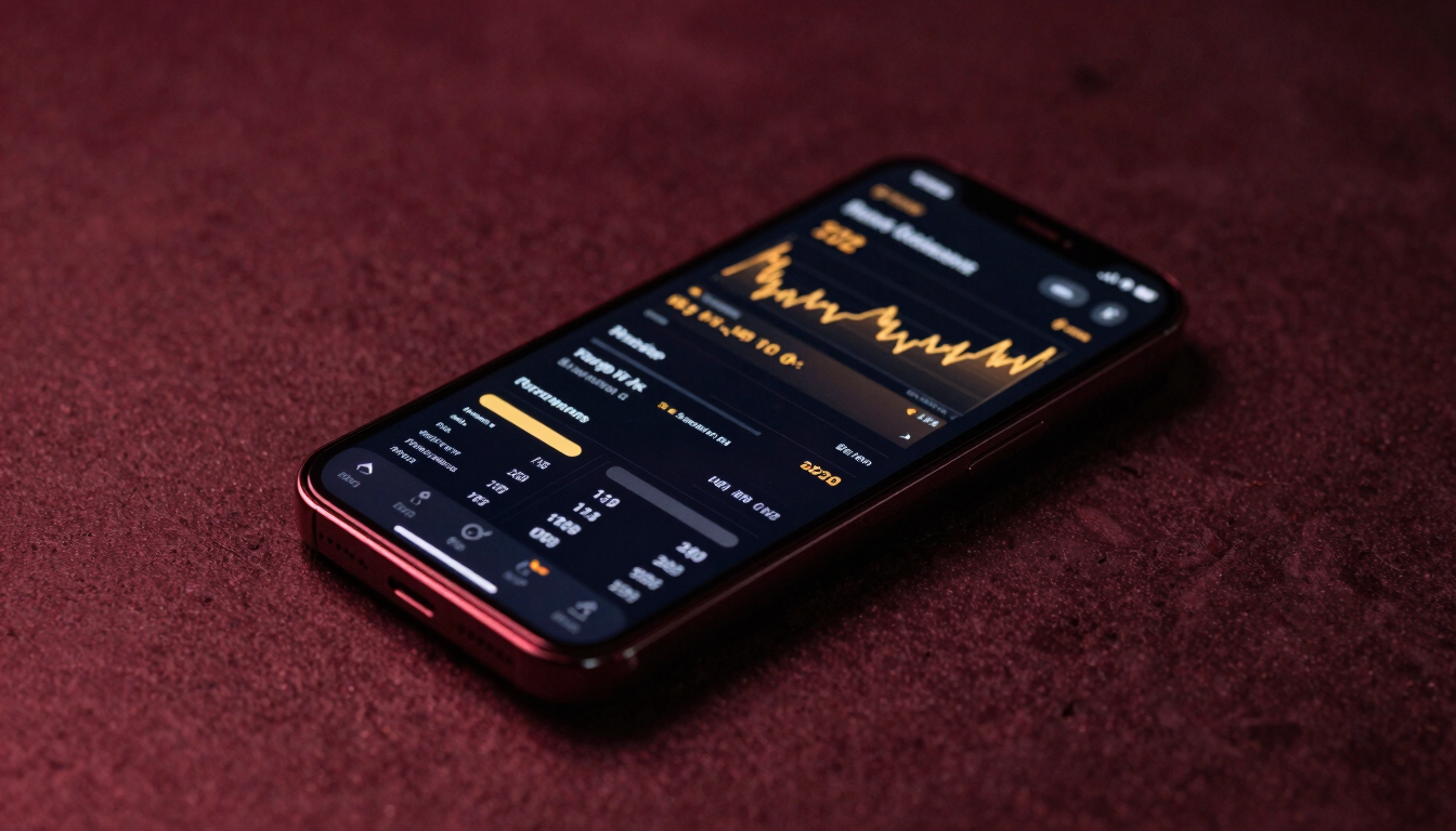 Sleek modern smartphone displaying a dark-mode financial dashboard, resting on a dark concrete surface, dramatic wine-red side lighting, golden-amber reflections, macro shot, 35mm
