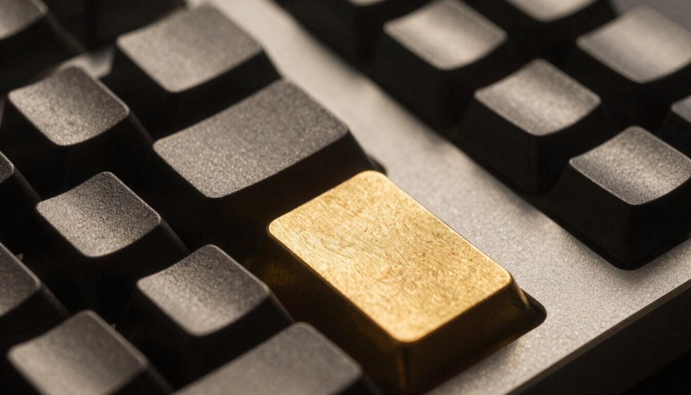 Macro close-up of a disassembled mechanical keyboard, showing the textured keycap profiles, a solid brass weight plate, and raw machined aluminum chassis details under moody, directional window light.