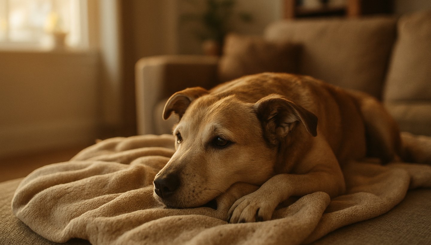 A quiet moment of rehabilitation, a rescued dog resting on a soft blanket in a sunlit foster home living room, warm editorial style, 35mm.