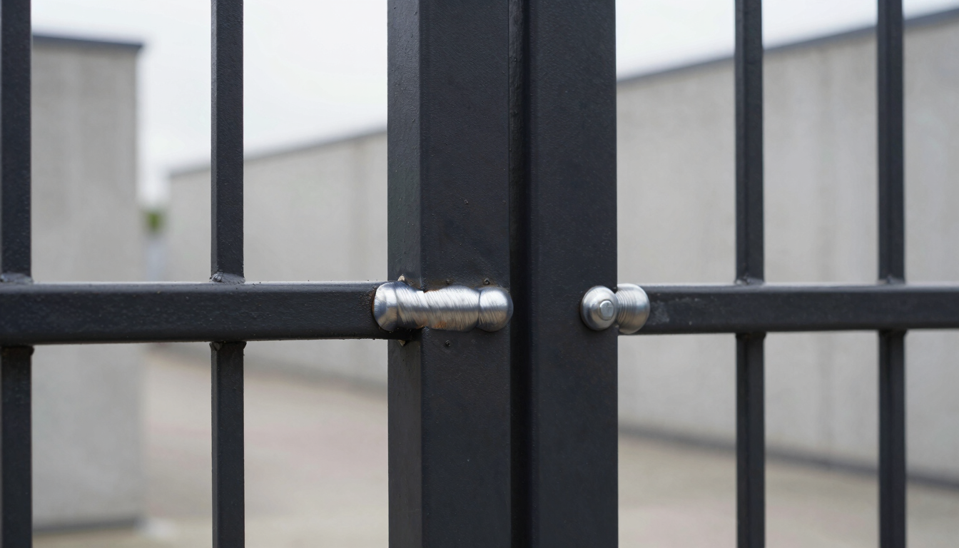 Straight frontal macro shot of a perfectly ground, seamless metal weld on a matte black steel frame, overcast soft light, architectural detail