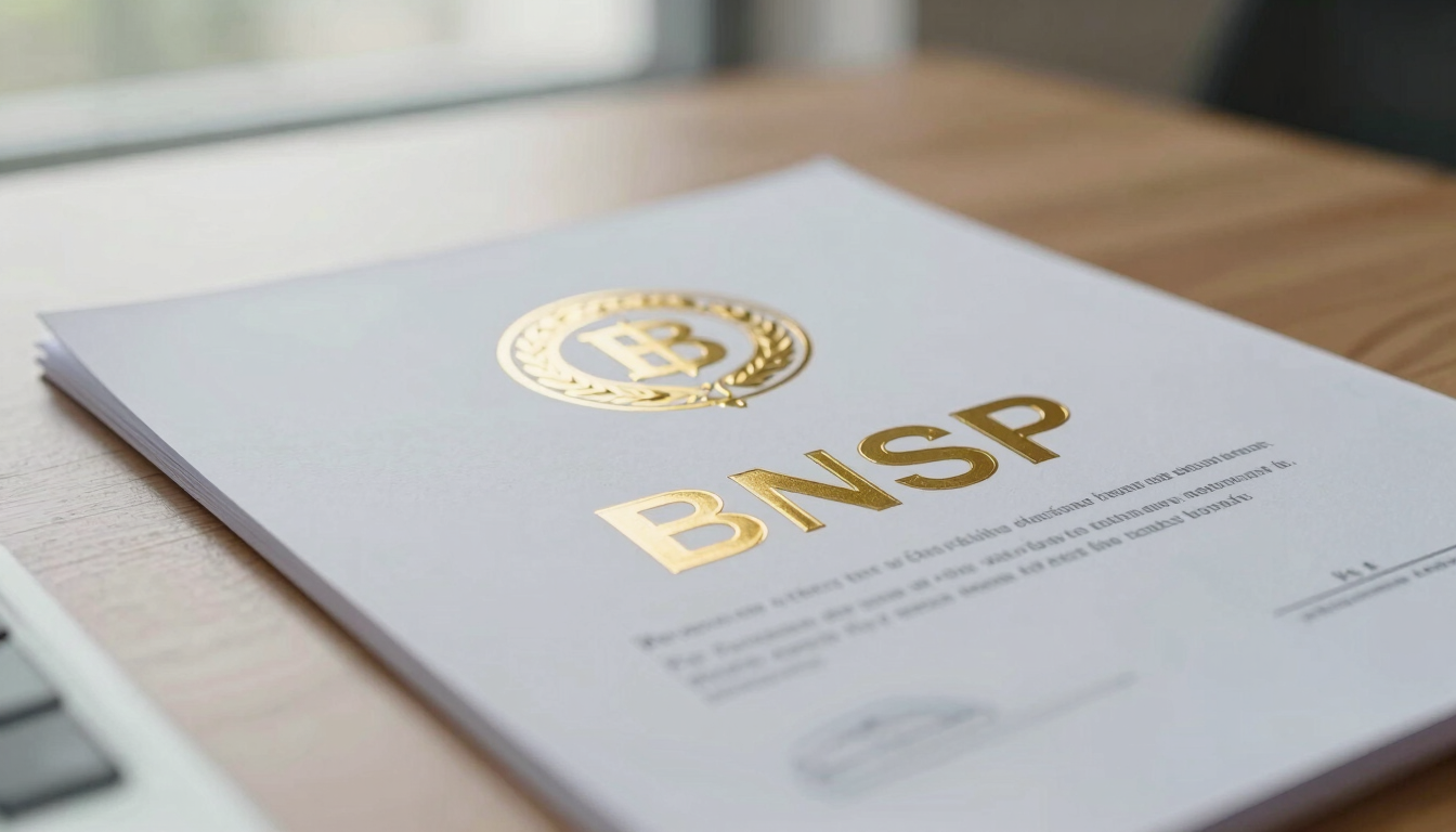 Close-up of a gold-embossed official BNSP certification document resting on a clean wooden desk, bright natural window lighting