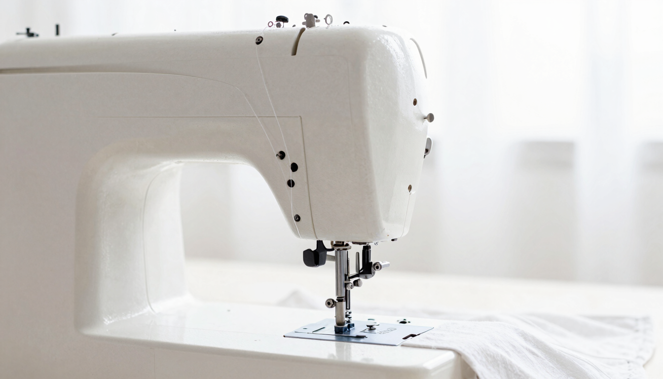 Bright high-key fashion photography, close-up of a vintage sewing machine in motion with crisp white thread, soft natural daylight, shallow depth of field