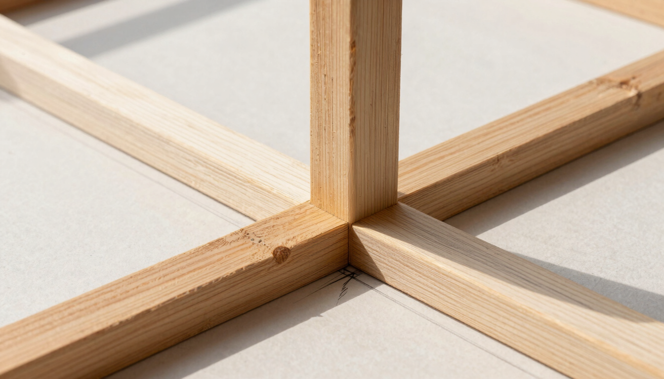 Extreme close-up of a hand-drawn structural sketch showing timber joint details and vertical light shafts, warm draft paper texture, sharp pencil lines.