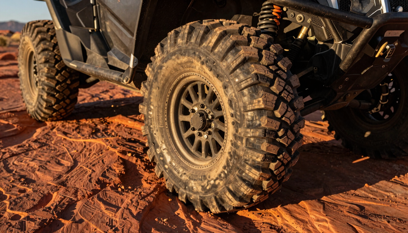Close-up of rugged UTV tire treads gripping red slickrock, harsh high-contrast desert sunlight, mechanical grit
