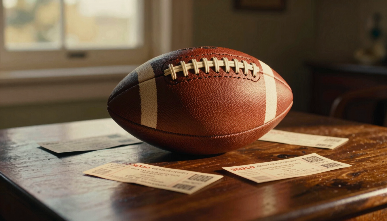 Close-up of a vintage leather football and match tickets on a dark wooden table, warm golden-hour light filtering through a window, 35mm film grain.