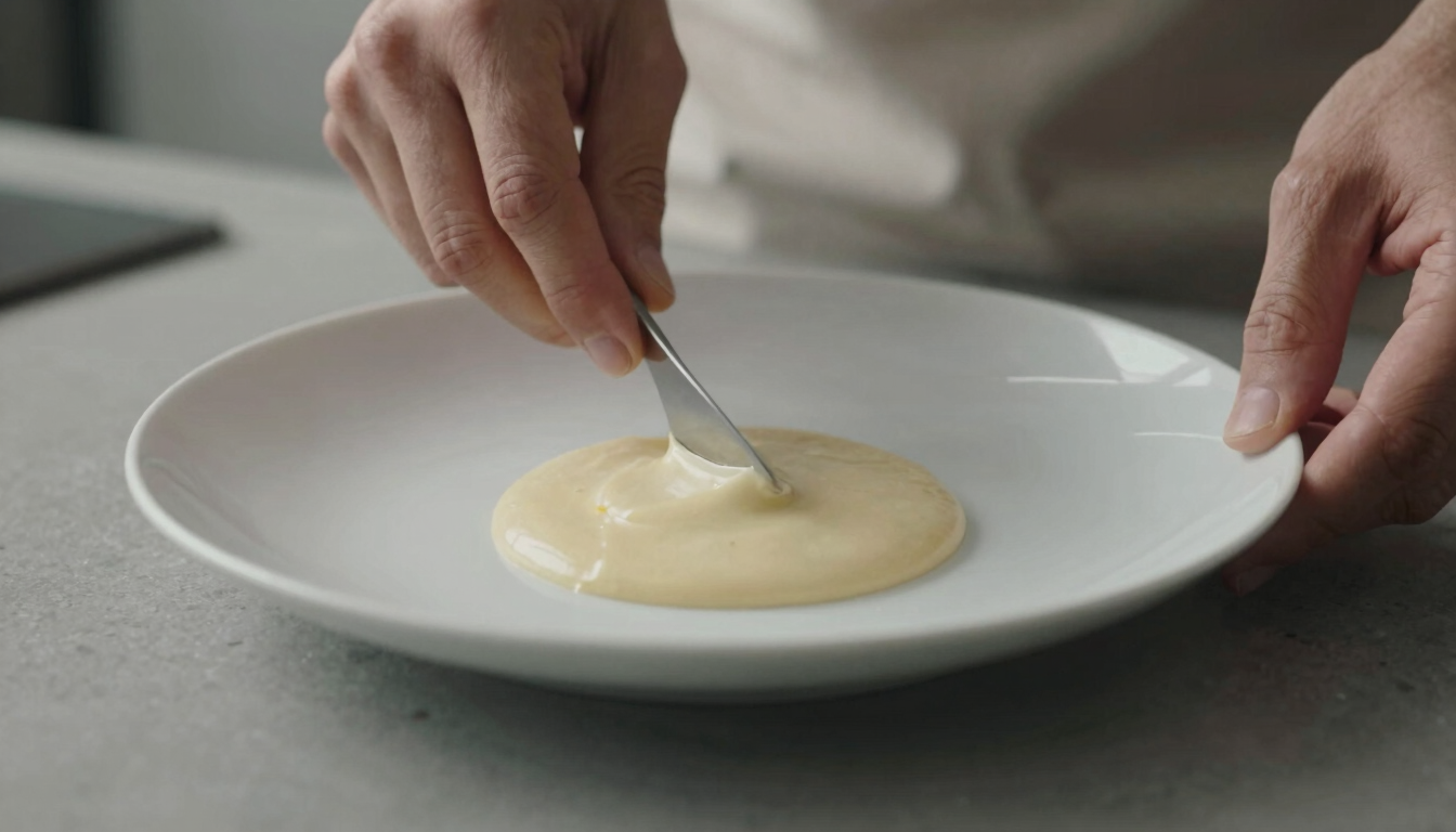 Close-up of blurred hands plating a minimalist dish in a quiet Scandinavian-style kitchen, focus on the texture of the sauce, soft side lighting.
