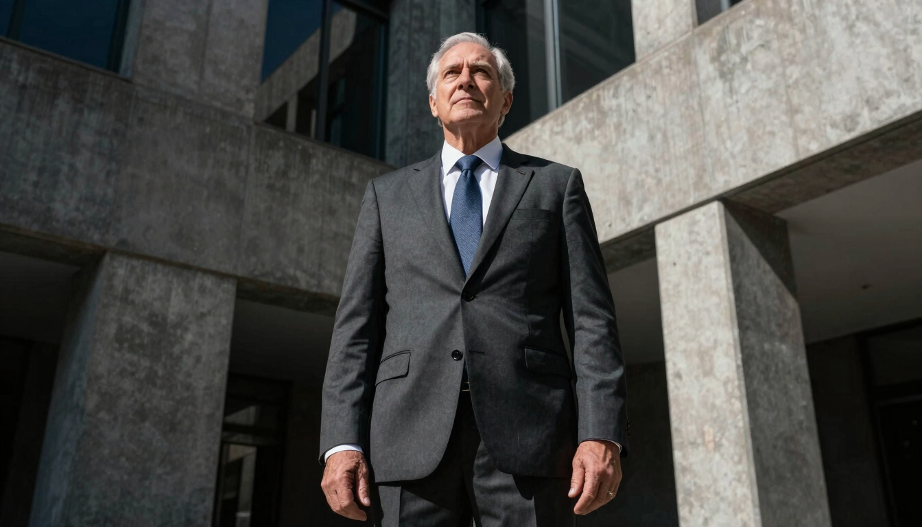 Low-angle heroic portrait of a senior lawyer in a tailored charcoal suit, standing in a modern judicial building with high concrete walls, dramatic directional lighting, sharp focus, 35mm.