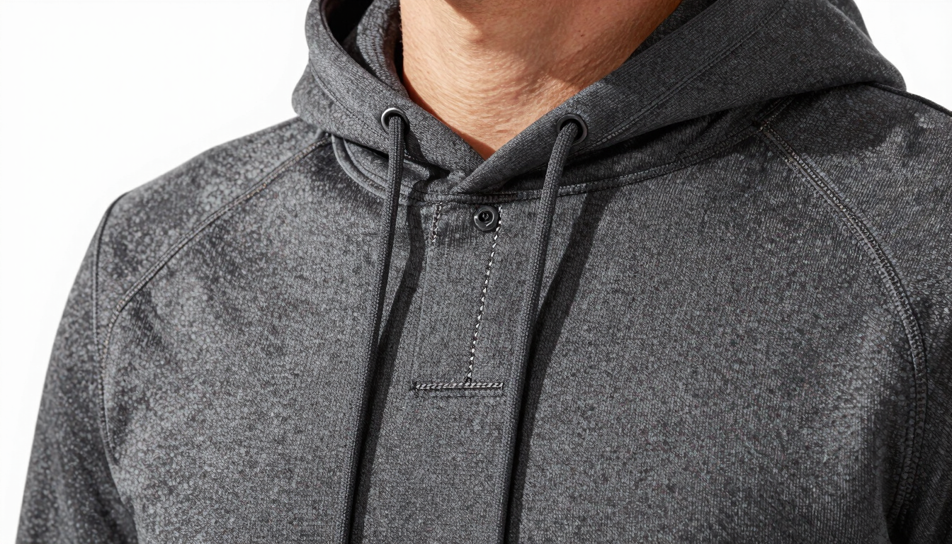 Bright editorial apparel photography, close-up of precise double-needle stitching on a charcoal activewear hoodie, clean daylight, 35mm medium format