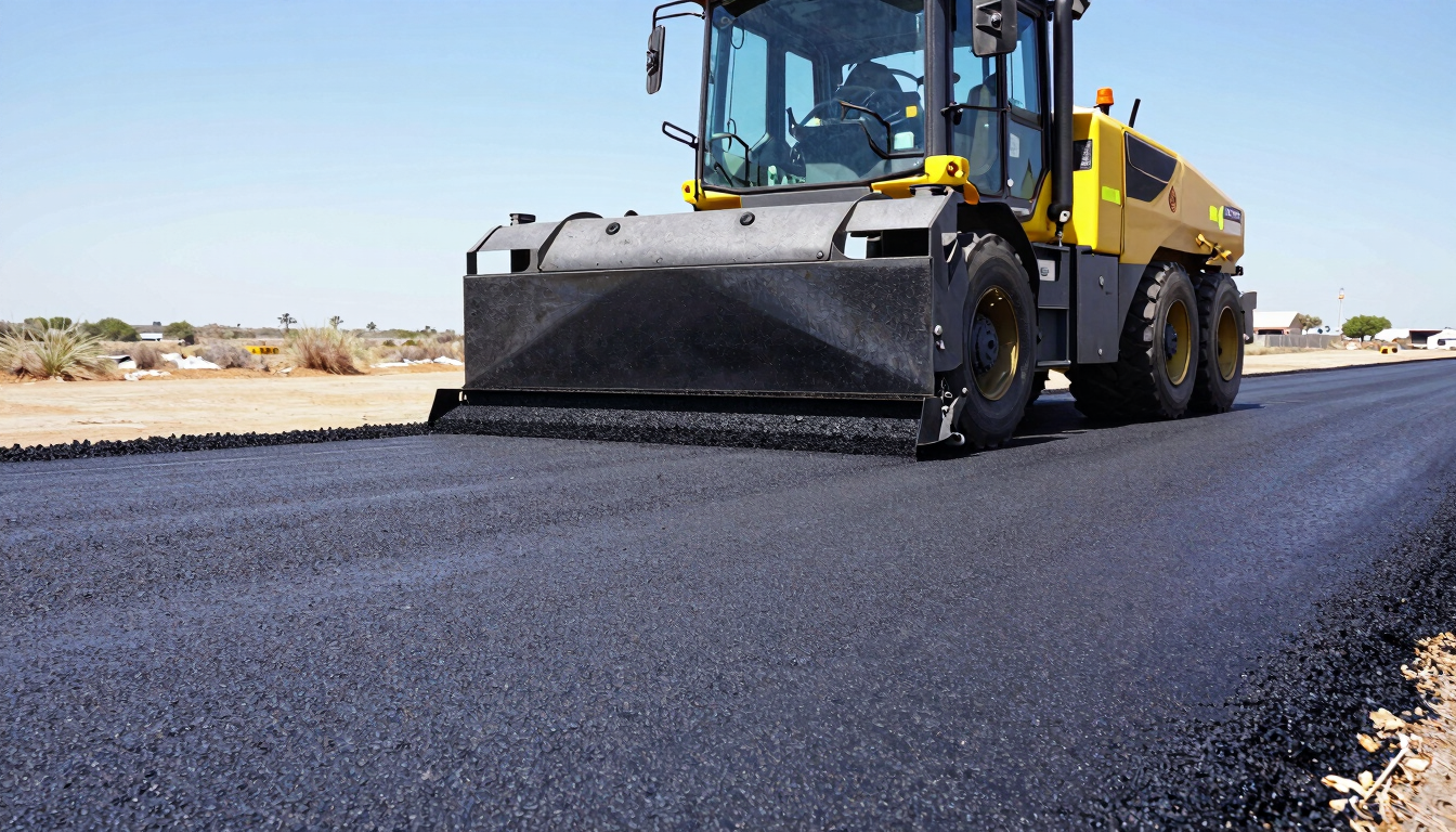 Low-angle heroic shot of a heavy asphalt paving machine laying textured black hot-mix asphalt under bright South African daylight, safety yellow accents visible.