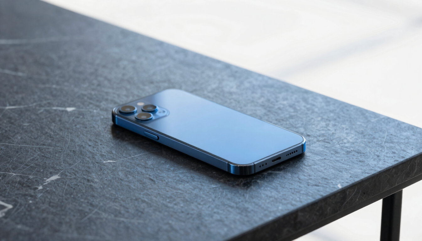 Minimalist editorial photograph of a sleek smartphone resting on a dark slate marble table, soft blue light casting elegant shadows, 35mm lens