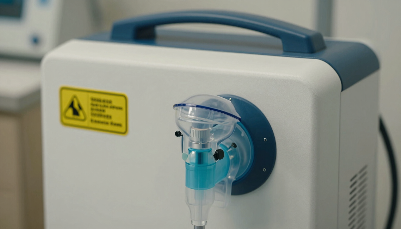 A close-up shot of a sanitized clinical-grade oxygen concentrator with a high-visibility quality assurance seal in a neutral daylight setting