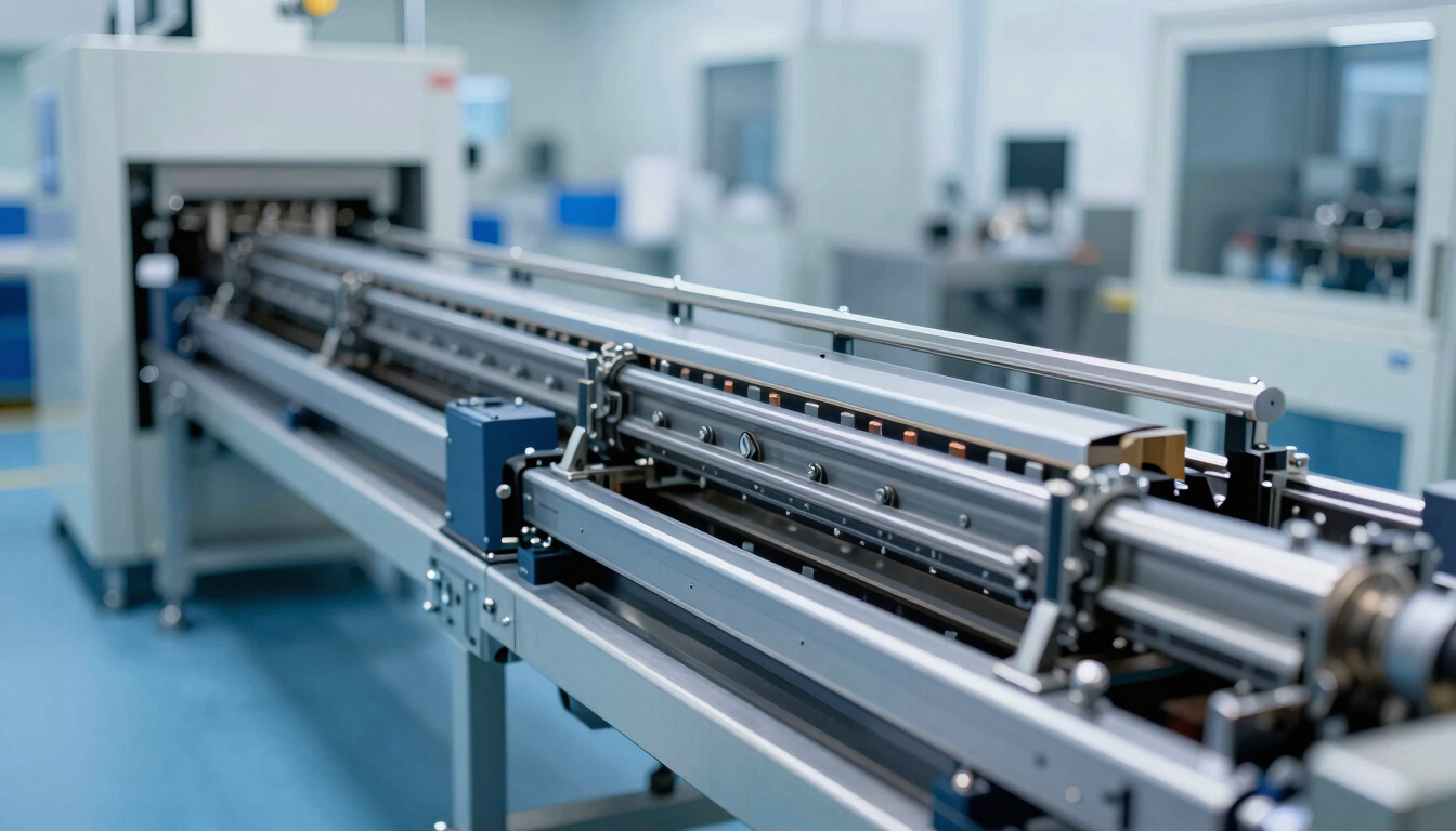 Wide-angle cleanroom environment showing a complete Newpack thermoforming packaging line in operation, bright industrial lighting, steel blue tones