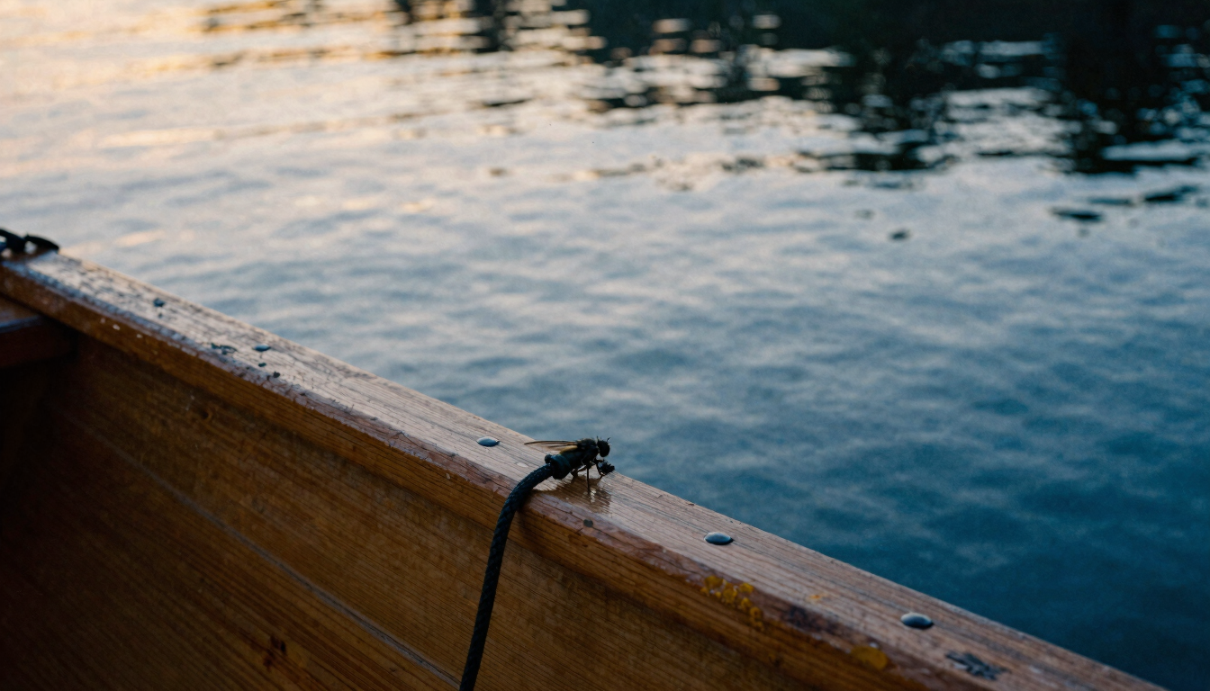 A close-up of a hand-tied fly resting on a wooden drift boat gunwale, soft golden-hour river reflections, 35mm