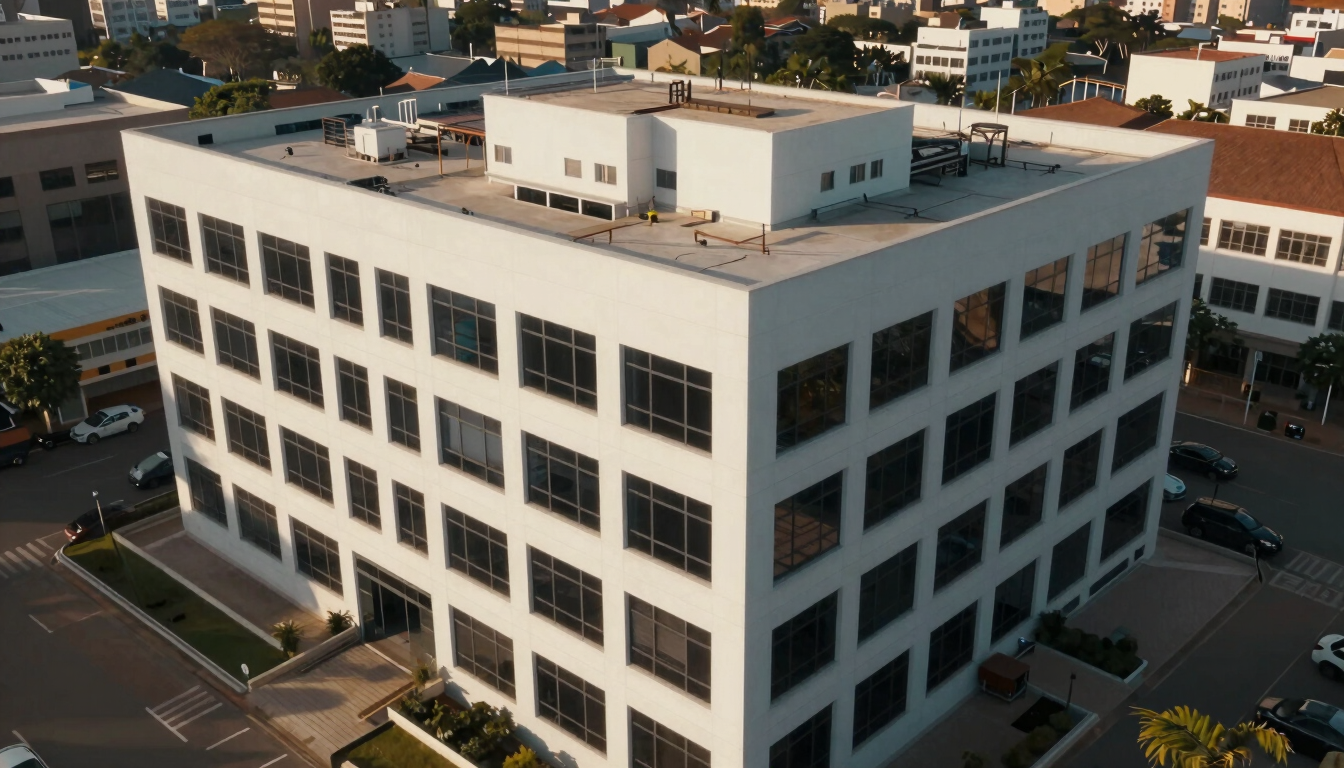 High-angle industrial photograph of a clean, modern corporate office building in Lagos with sharp architectural lines, dramatic afternoon sunlight casting long shadows.