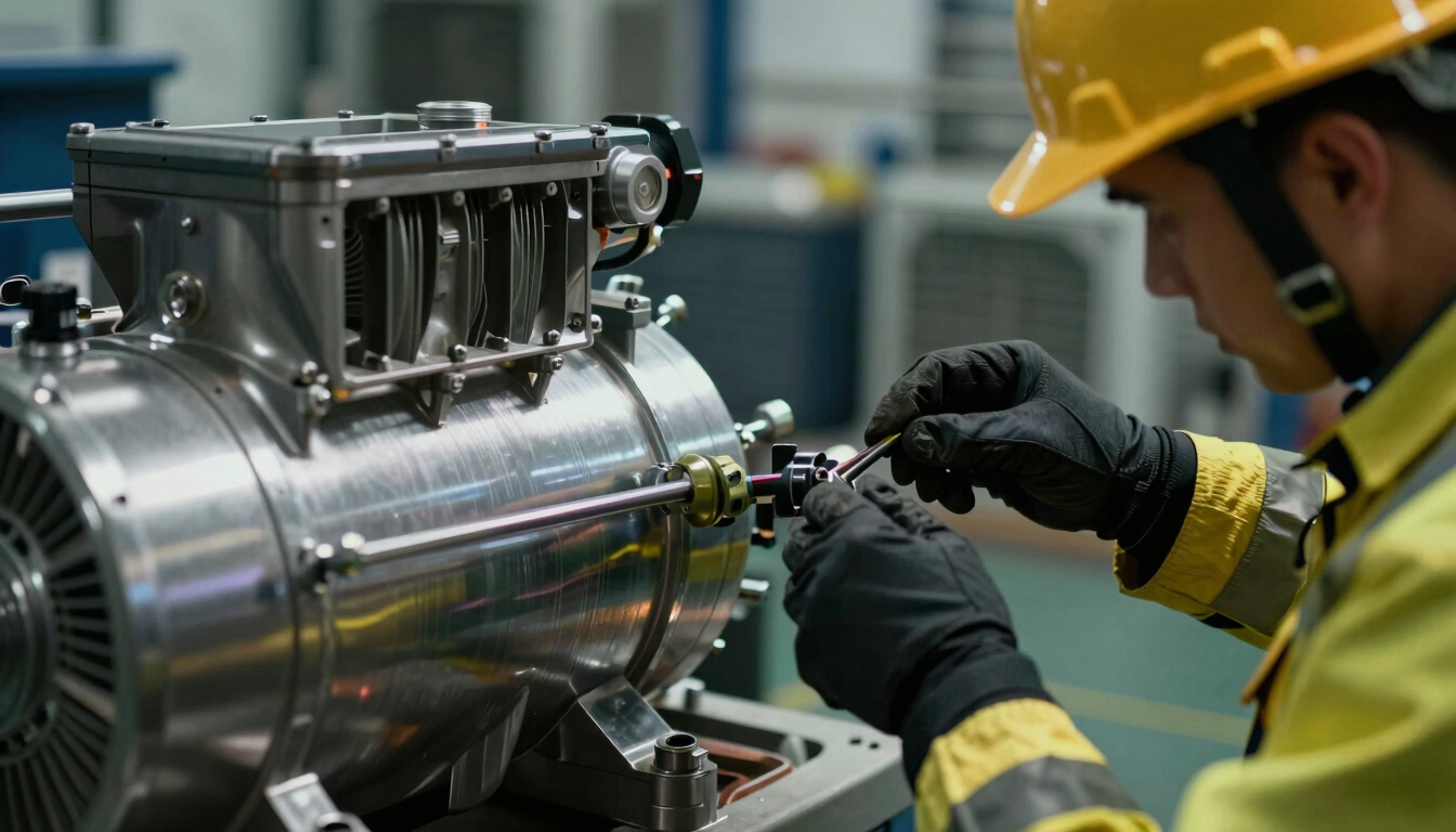 Dramatic close-up of a certified technical specialist in branded Besta safety gear repairing a complex industrial HVAC compressor, sharp metallic reflections, low-key lighting.