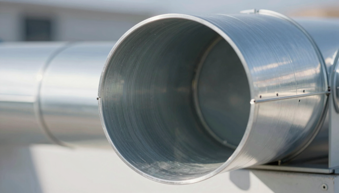 Macro close-up of a pristine, shiny metallic air duct interior, bright crisp daylight reflecting off clean silver surfaces, professional architectural photography.