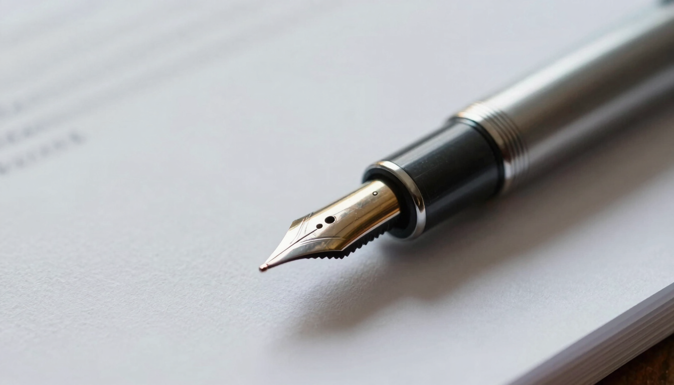 Macro close-up of a heavy silver fountain pen resting on a clean, thick cotton paper document, soft shadows, cool natural lighting.