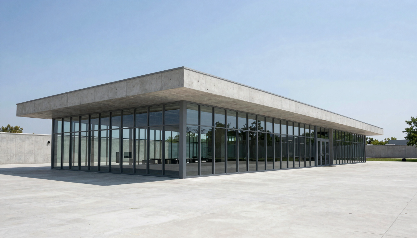 Wide-angle architectural daylight photography of a modern concrete and glass commercial pavilion, sharp geometric shadows, minimal composition, crisp daylight, high-contrast cool tones, 35mm