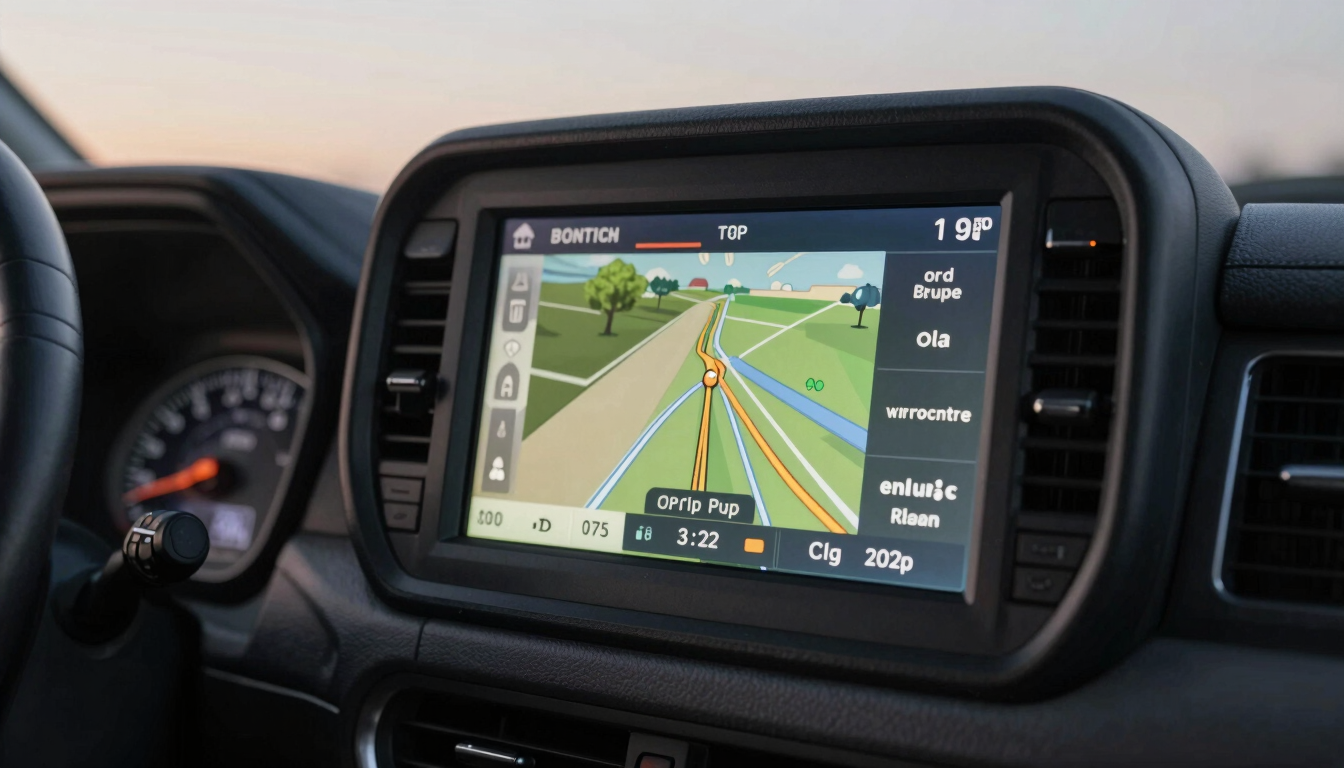 Close-up macro shot of a modern truck dashboard and glowing GPS navigation screen displaying optimized route coordinates, twilight lighting
