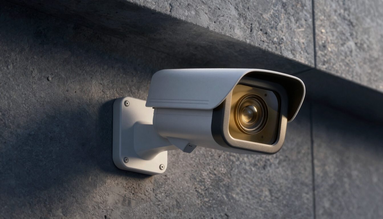 A close-up macro shot of advanced security camera integration on a sleek modern concrete wall, dramatic side-lighting, deep navy shadows, gold reflection on glass lens, 35mm
