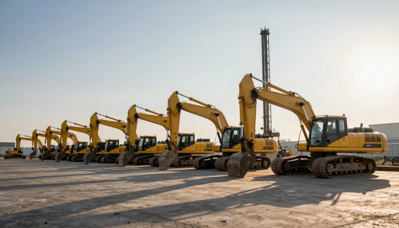 Wide-angle industrial documentary shot of a row of heavy yellow excavators and piling rigs lined up at dawn, dramatic morning sunlight casting long shadows on concrete.