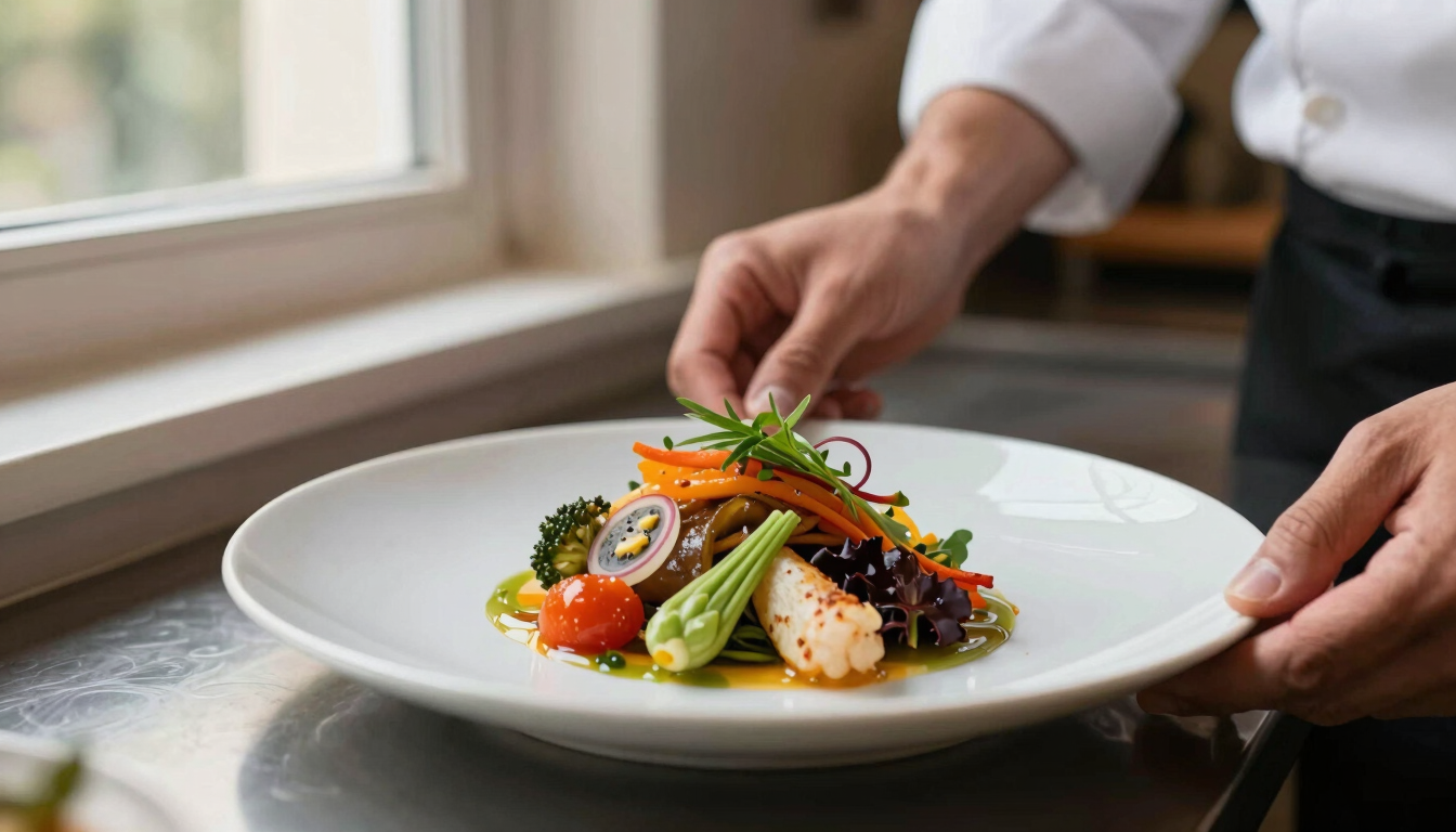 A chef carefully plating a vibrant seasonal dish in a warm neighborhood kitchen, soft natural light from a side window, close-up shot, shallow depth of field, 35mm.