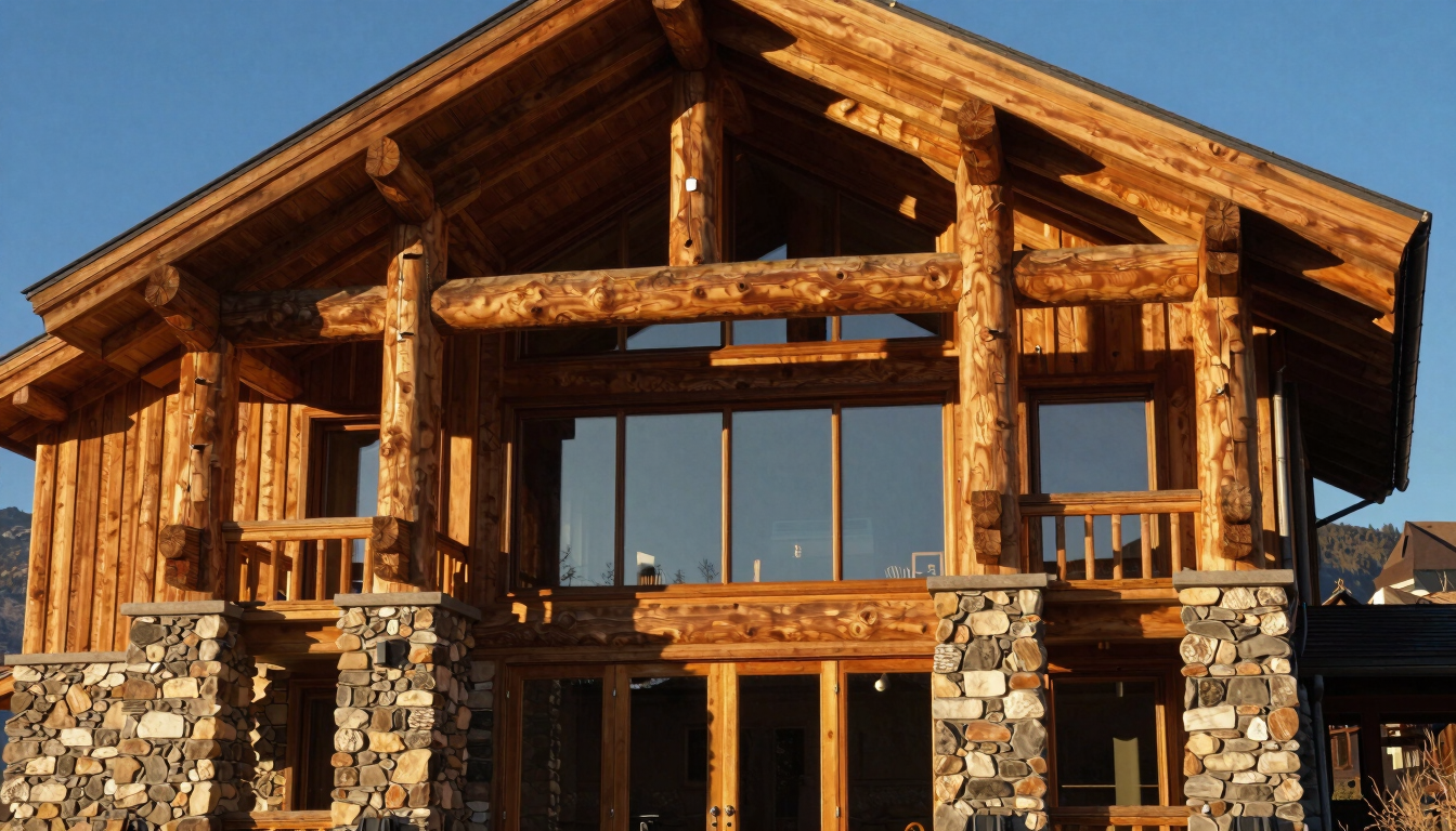 Architectural portrait of a modern mountain-home exterior showing heavy timber framing, custom masonry pillars, and large glass windows under warm afternoon light