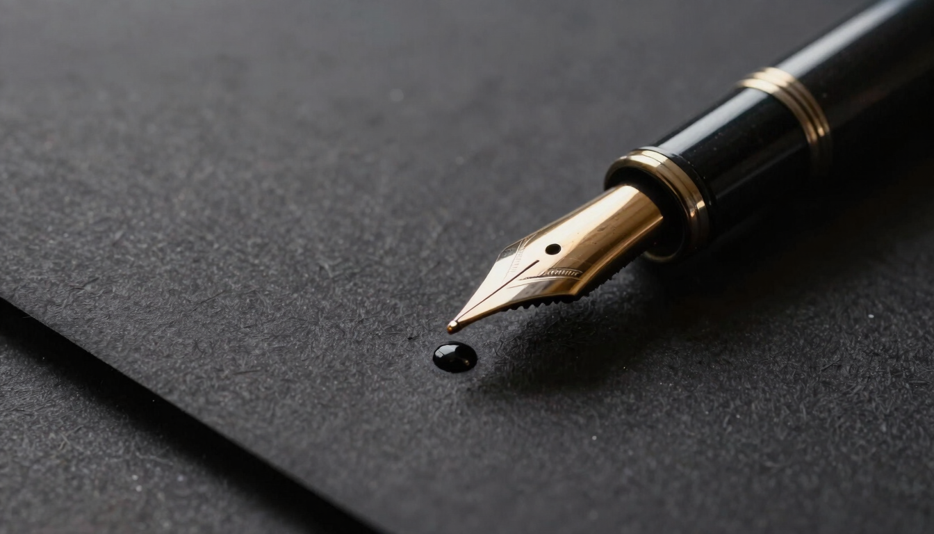 Macro close-up of dark, heavy textured paper stock with a fountain pen resting on it, ink drying under a focused, low-key warm light.