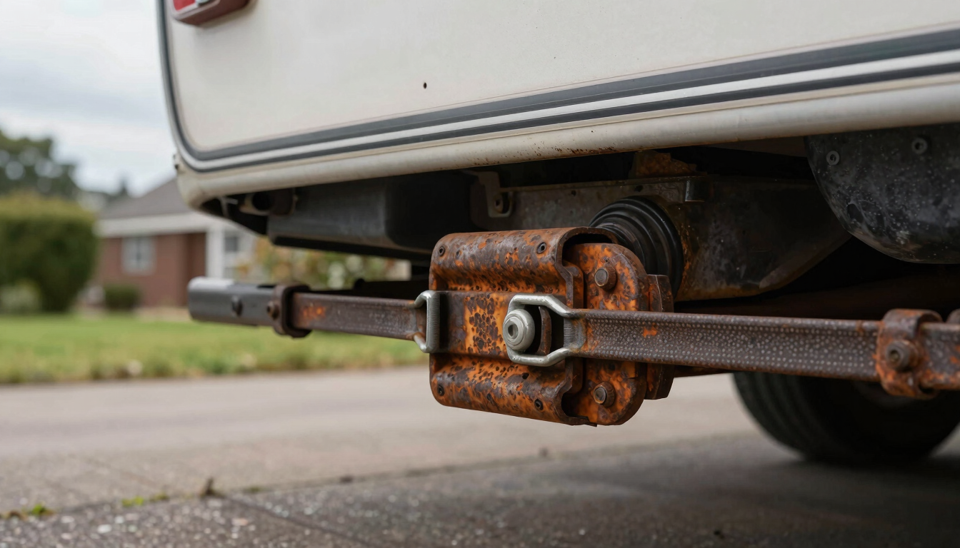 Close-up of a rusty caravan chassis coupling and safety cable, overcast sky, realistic Dutch driveway background.