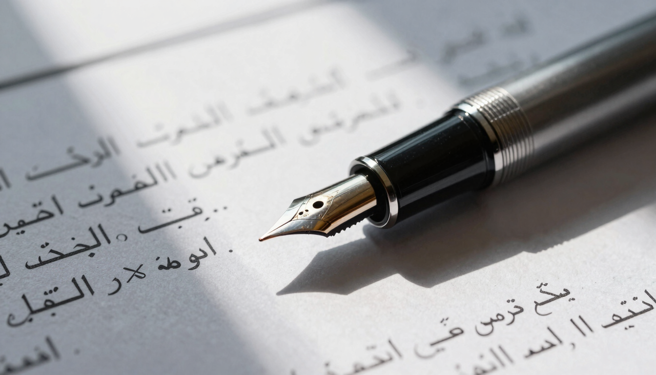Macro shot of a high-end fountain pen resting on a complex financial contract with Arabic script, sharp morning light casting architectural shadows across the paper.