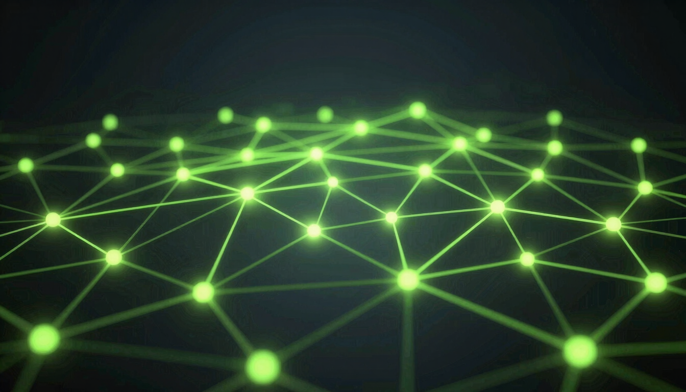 A wide-angle abstract network node schematic, glowing lime green terminal lines, deep charcoal background, cinematic 3D render, 8k