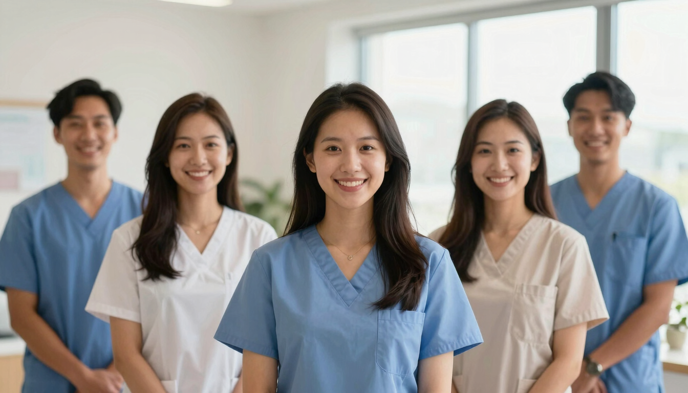 A warm group portrait of home care coordinators in a bright, modern office in Ormond Beach, soft natural lighting, professional and welcoming