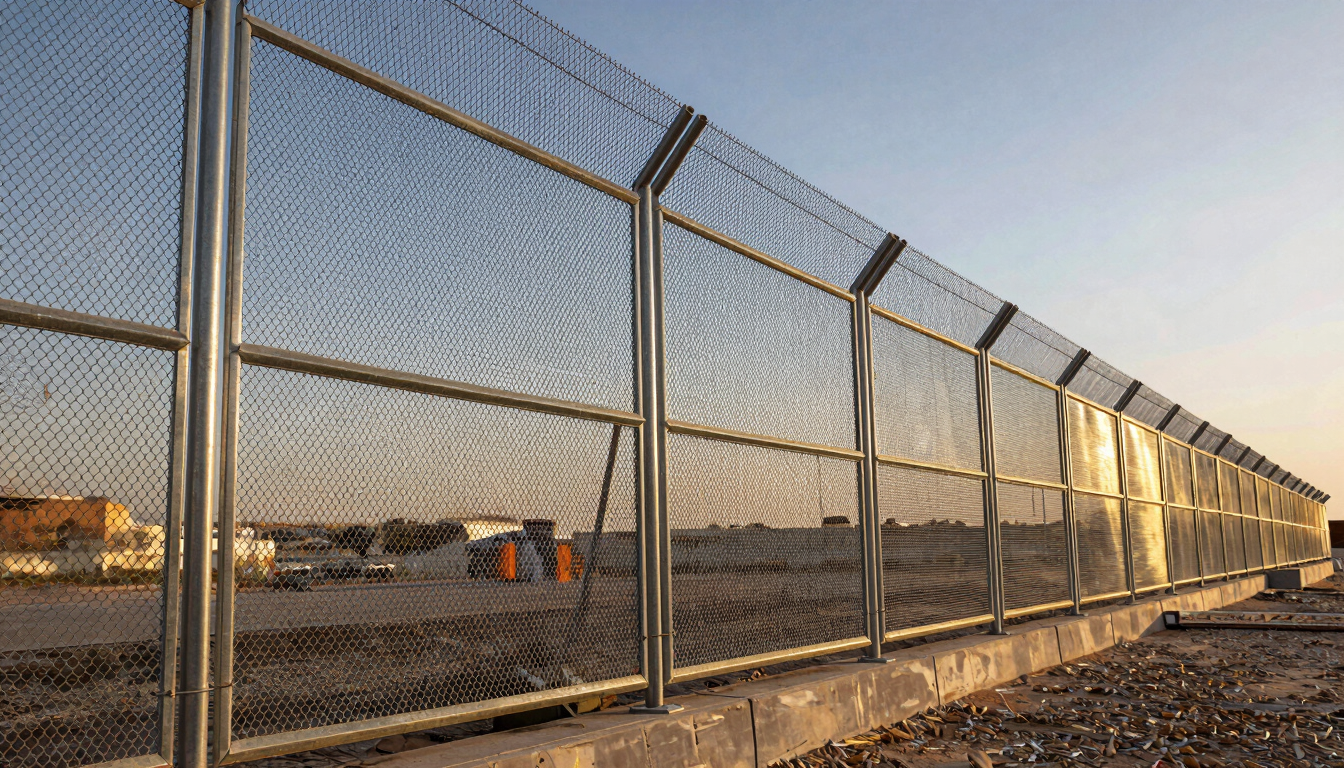 A high-security perimeter fence with anti-climb mesh installed along a major Saudi infrastructure site, golden hour lighting reflecting off the metallic galvanized steel, low-angle perspective emphasizing height and strength