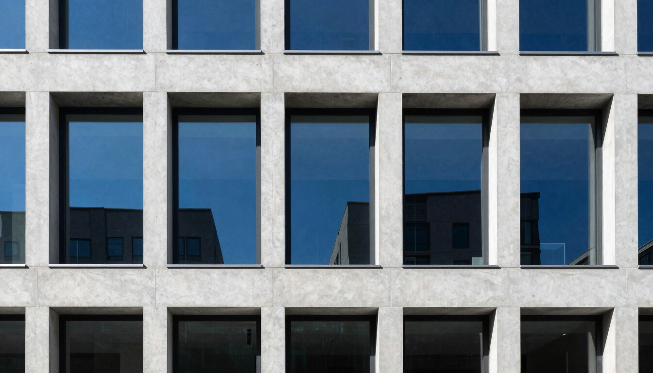 A sharp architectural perspective of a modern minimalist concrete and steel building facade, cool daylight, stark shadows, royal blue ambient light reflection, ultra-sharp focus