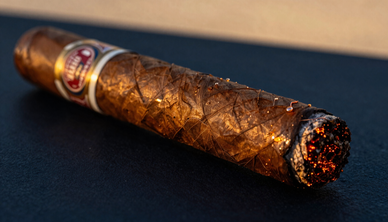 Macro close-up editorial shot of a rich, textured Ecuadorian Habano cigar wrapper with a glowing amber ash, dramatic chiaroscuro lighting, deep navy shadows.