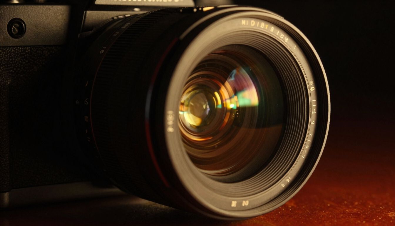 Anamorphic close-up of a high-end film camera lens reflecting golden stage lights, deep shadows, cinematic atmosphere