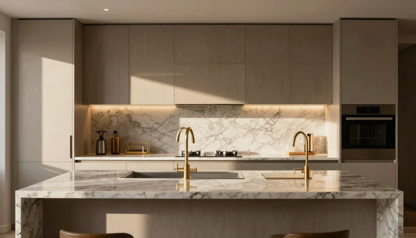 Cinematic vertical portrait of a modern luxury kitchen remodel, warm architectural lighting reflecting off polished marble countertops and gold fixtures, clean lines.
