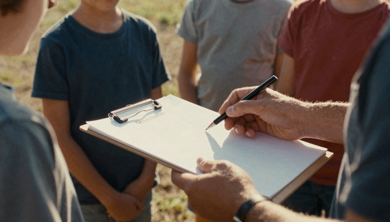 A close-up of a volunteer's hands holding a clipboard, guiding a family, natural golden-hour light, earthy tones, 35mm film look.