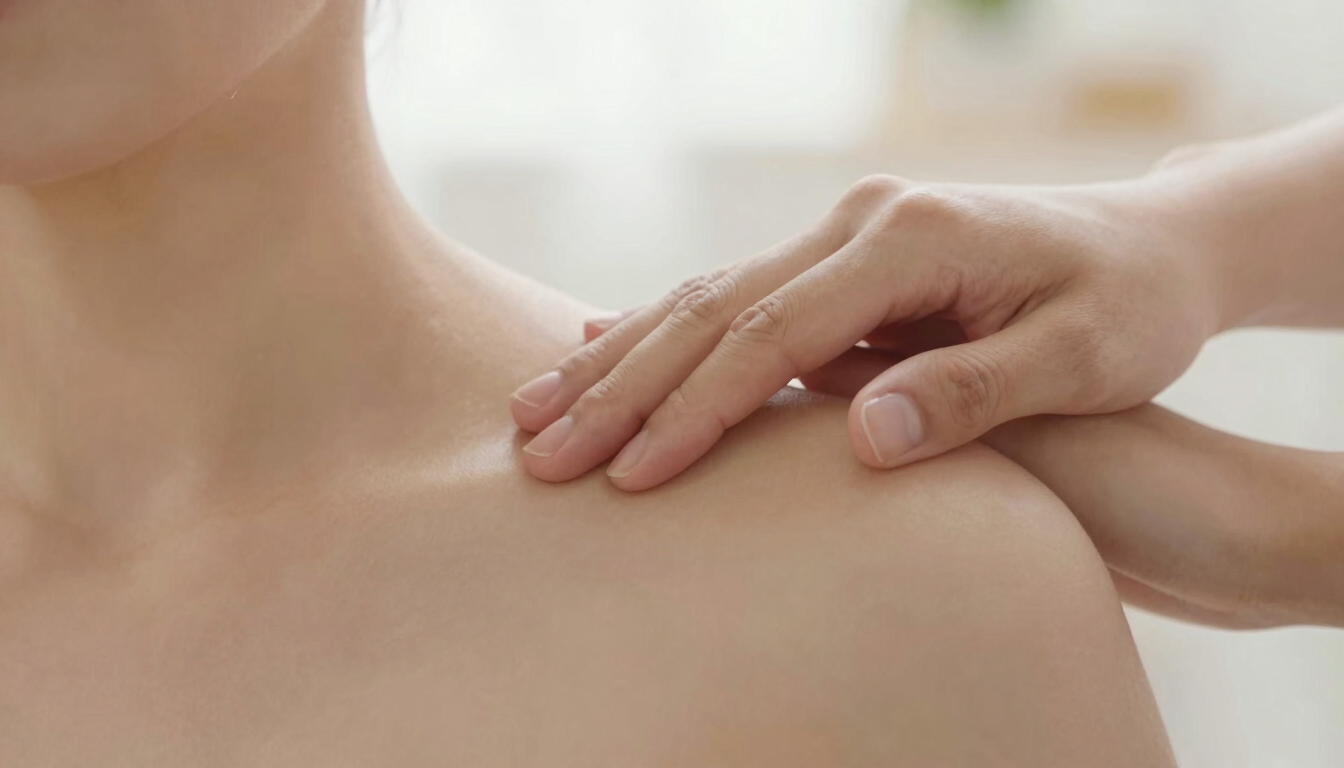 Close-up of professional hands performing targeted muscle therapy on a shoulder, soft diffused natural light, warm editorial photography, 35mm.