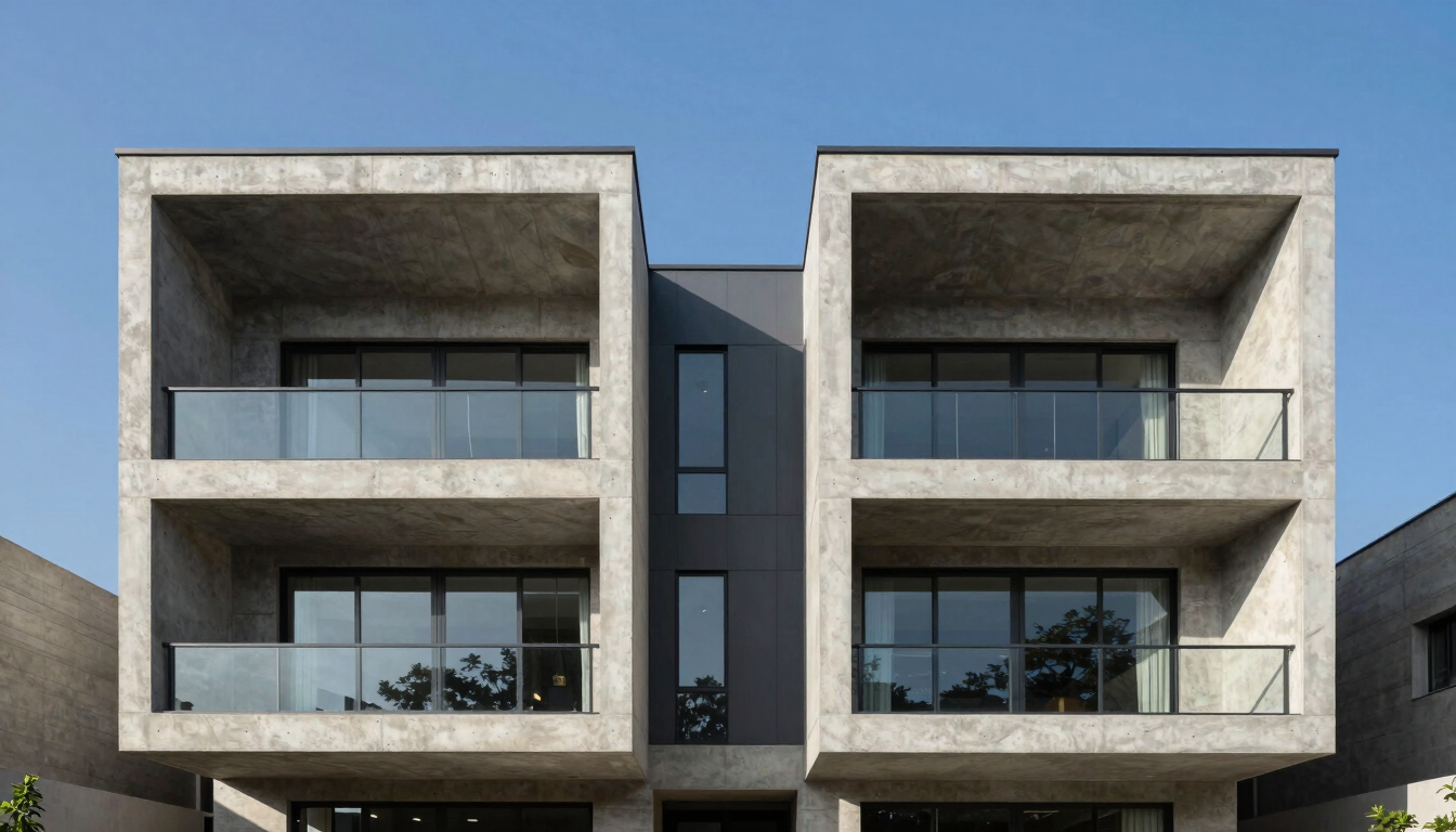 Symmetrical architectural elevation of a modern concrete and steel villa under bright Islamabad daylight, sharp geometric lines, clear blue sky background.