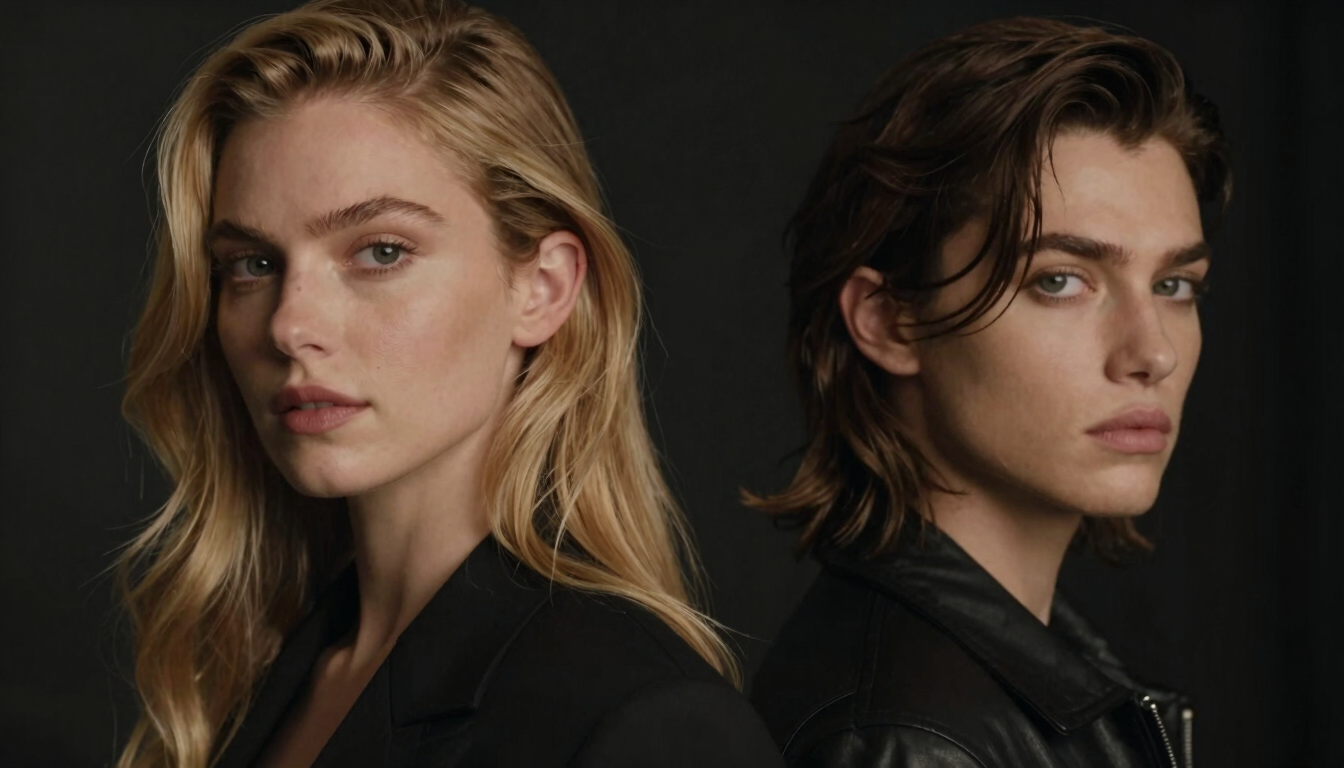 Close-up cinematic portrait of a stylish male and female model showing professional hair styling, moody low-key lighting, warm champagne gold accents, shallow depth of field, 35mm