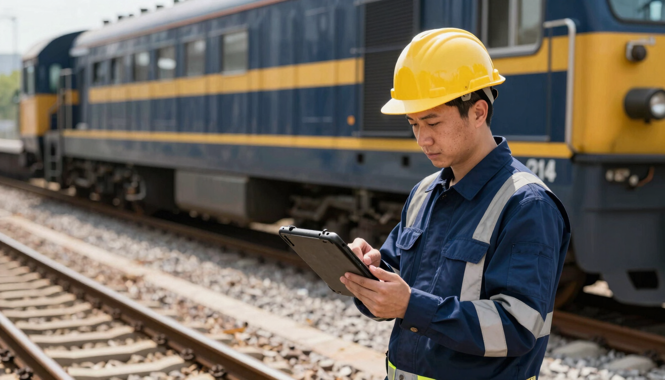 A railway supervisor in safety gear holding a rugged tablet device on-site near steel tracks, bright daylight.