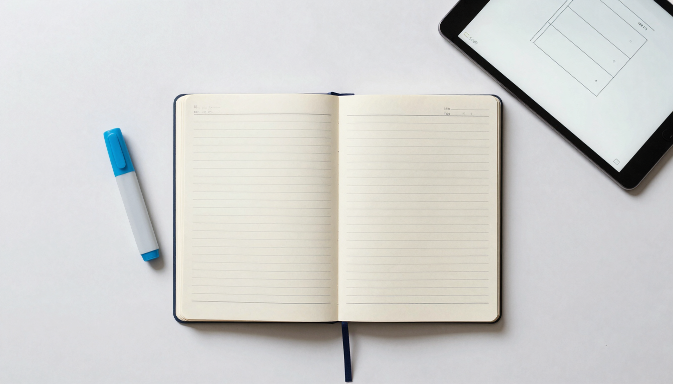 Overhead flat-lay of a clean minimalist study desk with an open structured notebook, a blue highlighter, and a tablet showing a clean diagram, bright overcast daylight, neutral desaturated tones