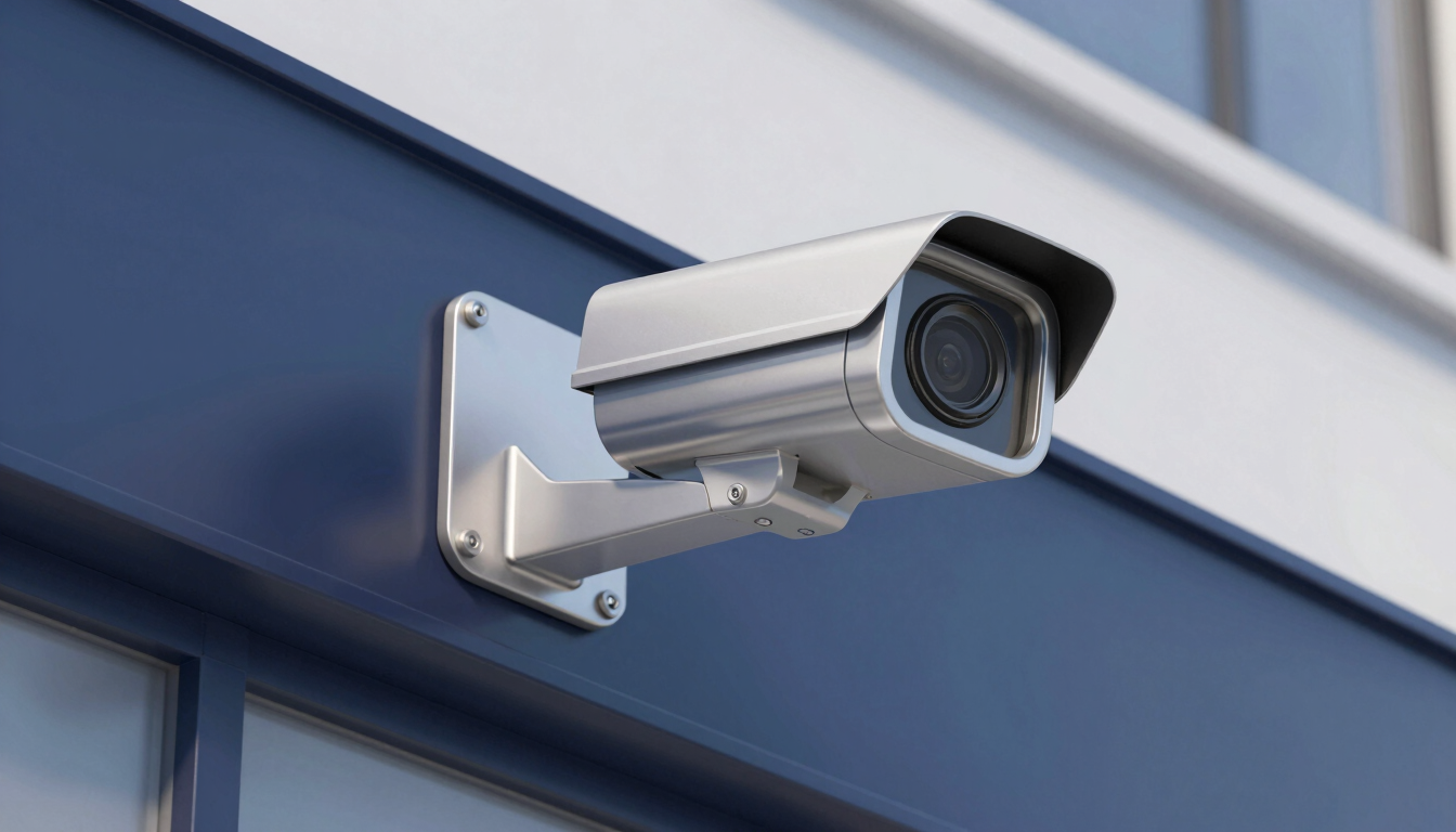 Close-up macro shot of a modern security camera installation on a clean building facade, bright daylight, navy and metallic tones, sharp focus.