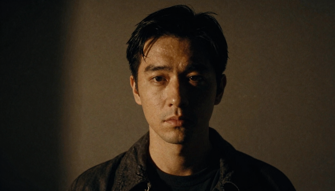 Dramatic portrait of a character actor in shadows, warm spotlight highlight, cinematic 35mm film