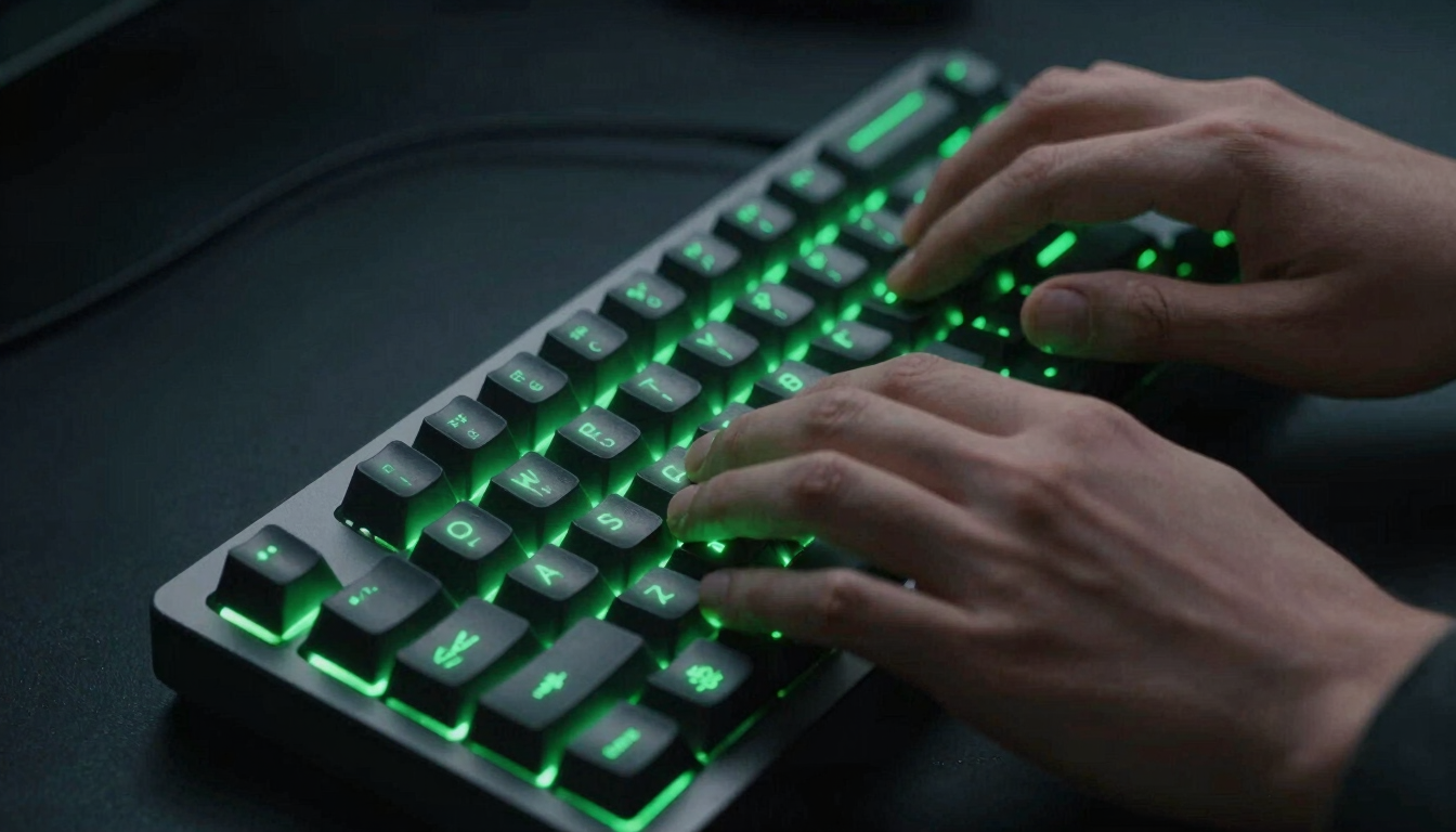 dark editorial technology photography, close-up of hands typing code on a mechanical keyboard, glowing neon green indicator lights, moody studio environment